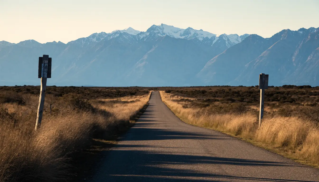 A rural New Zealand road with two signposts marking its endpoints