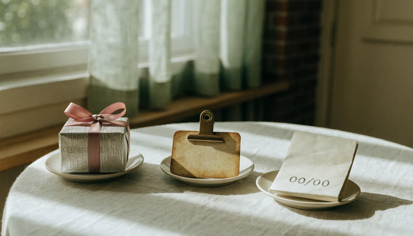 Three different promotional objects arranged on a linen-covered table