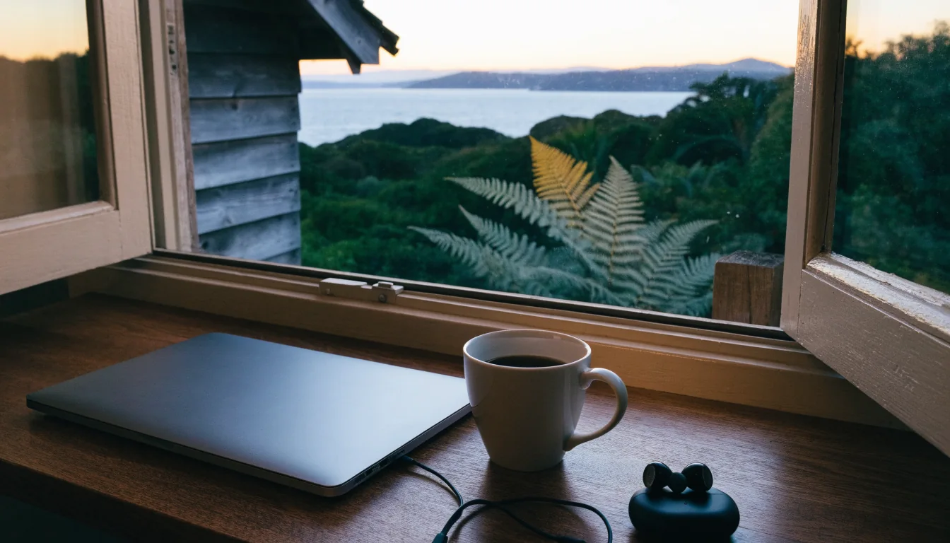 Laptop on a desk with New Zealand coastal view at dusk