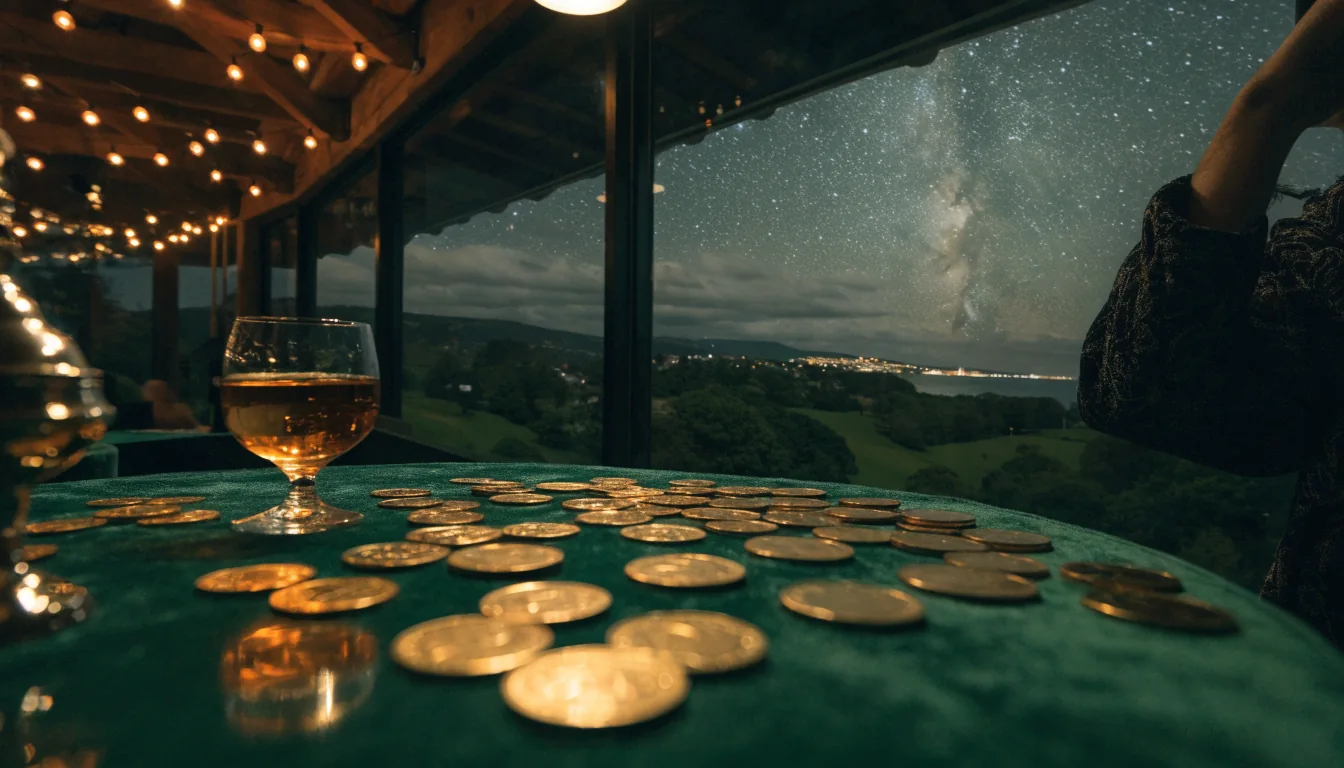 New Zealand gaming lounge at night with gold coins and a starlit coastal skyline view.
