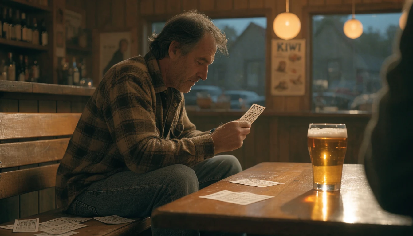 Cozy New Zealand pub scene with Keno tickets on a wooden table