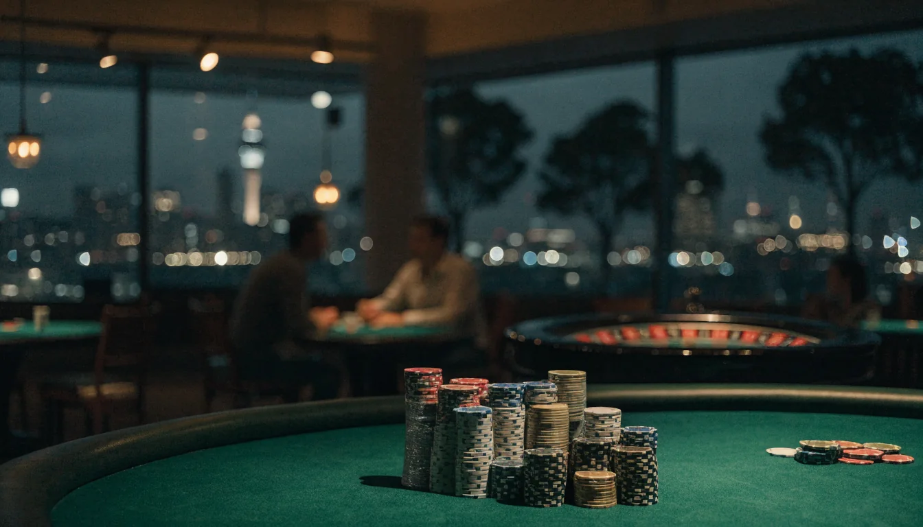 Casino table with chips and roulette wheel overlooking New Zealand city skyline at night