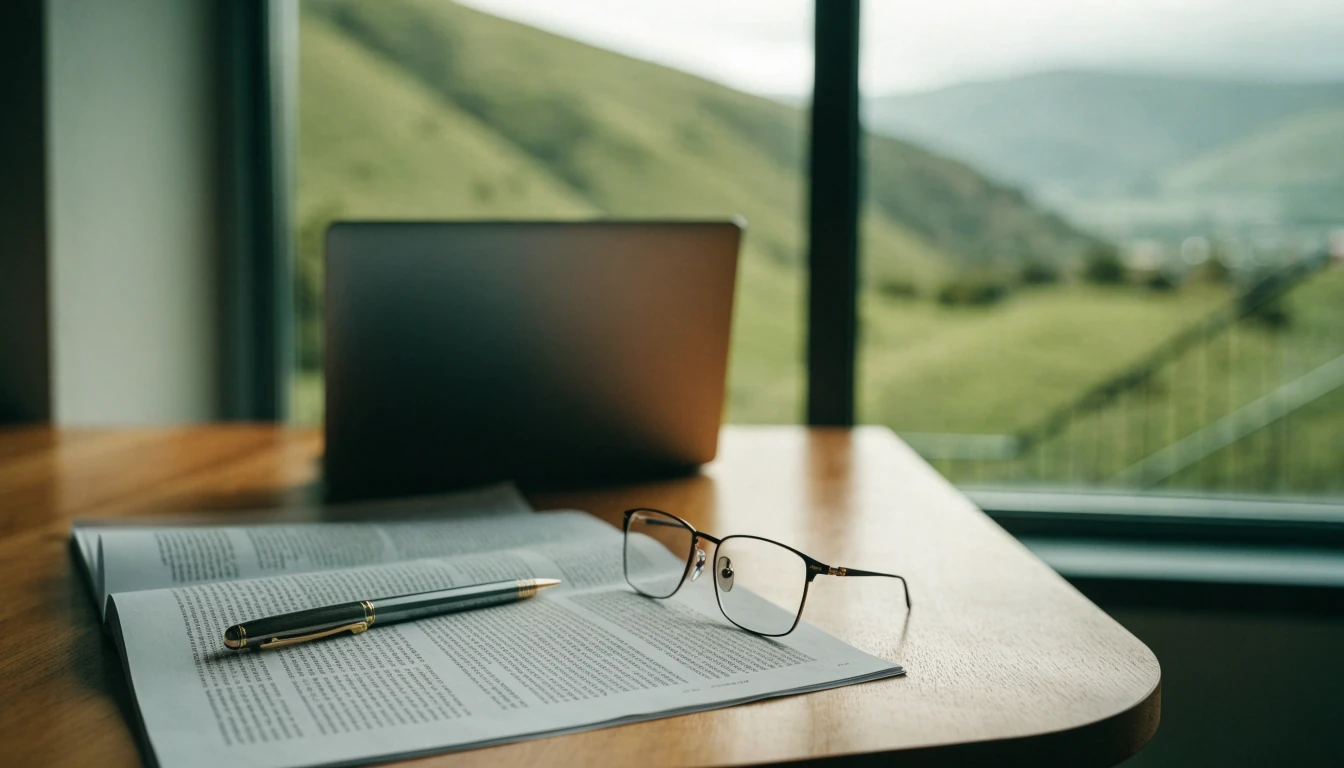 Legal document on wooden desk with pen and glasses, New Zealand landscape through window