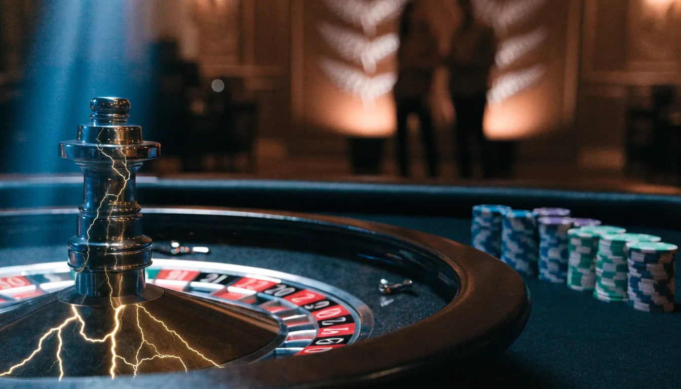 Elegant roulette wheel with golden lightning reflections on a casino table in New Zealand