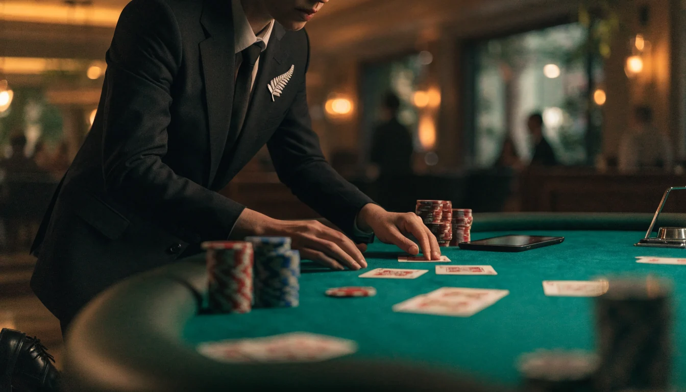 Live baccarat table with real dealer, cards, and chips in a New Zealand-themed studio.