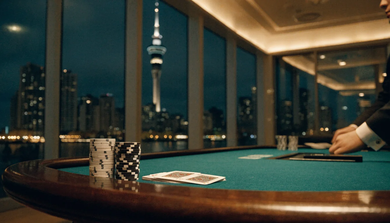 Live blackjack table with chips in a New Zealand casino studio at night