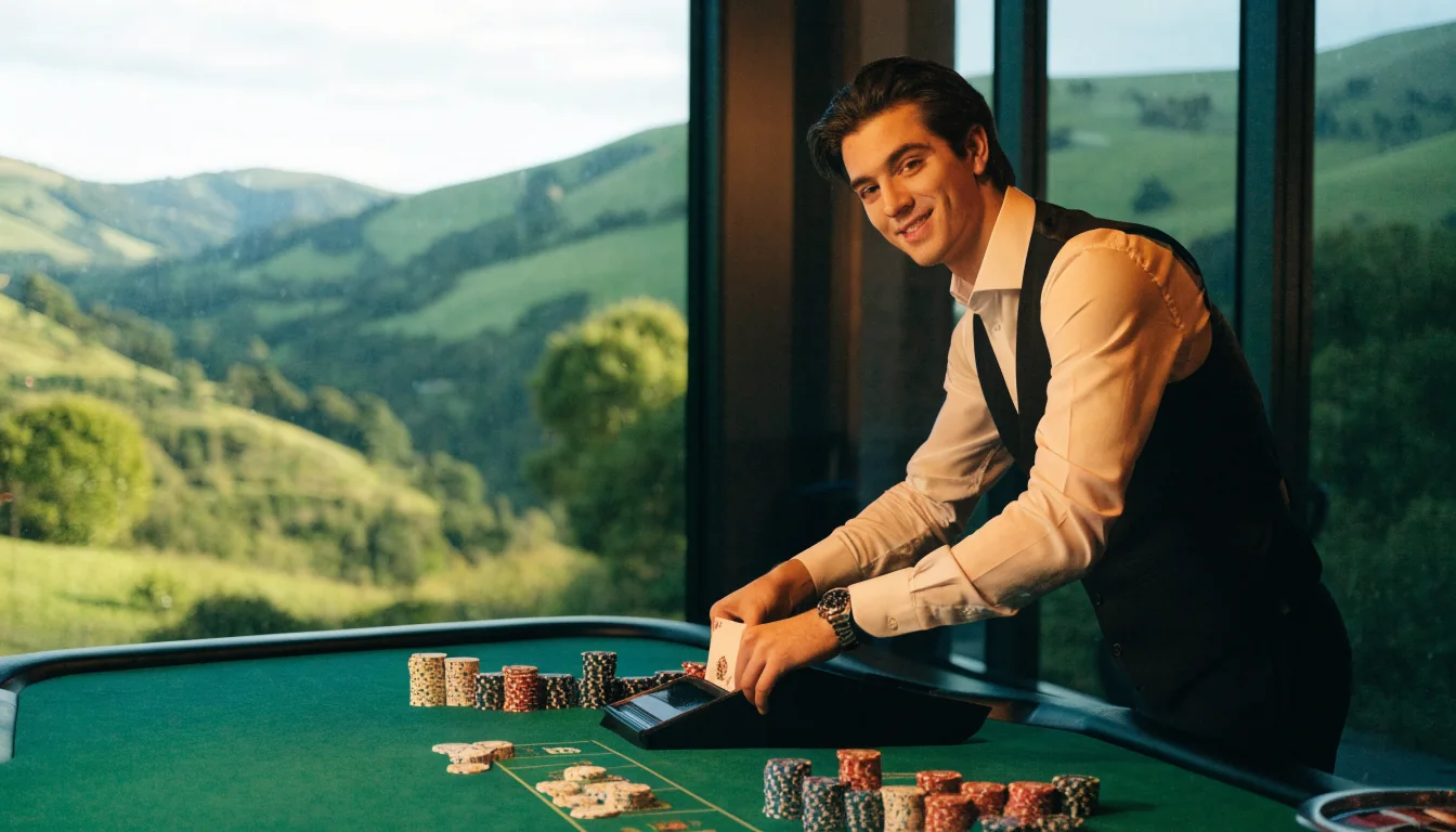 Live dealer blackjack studio with croupier and New Zealand countryside view