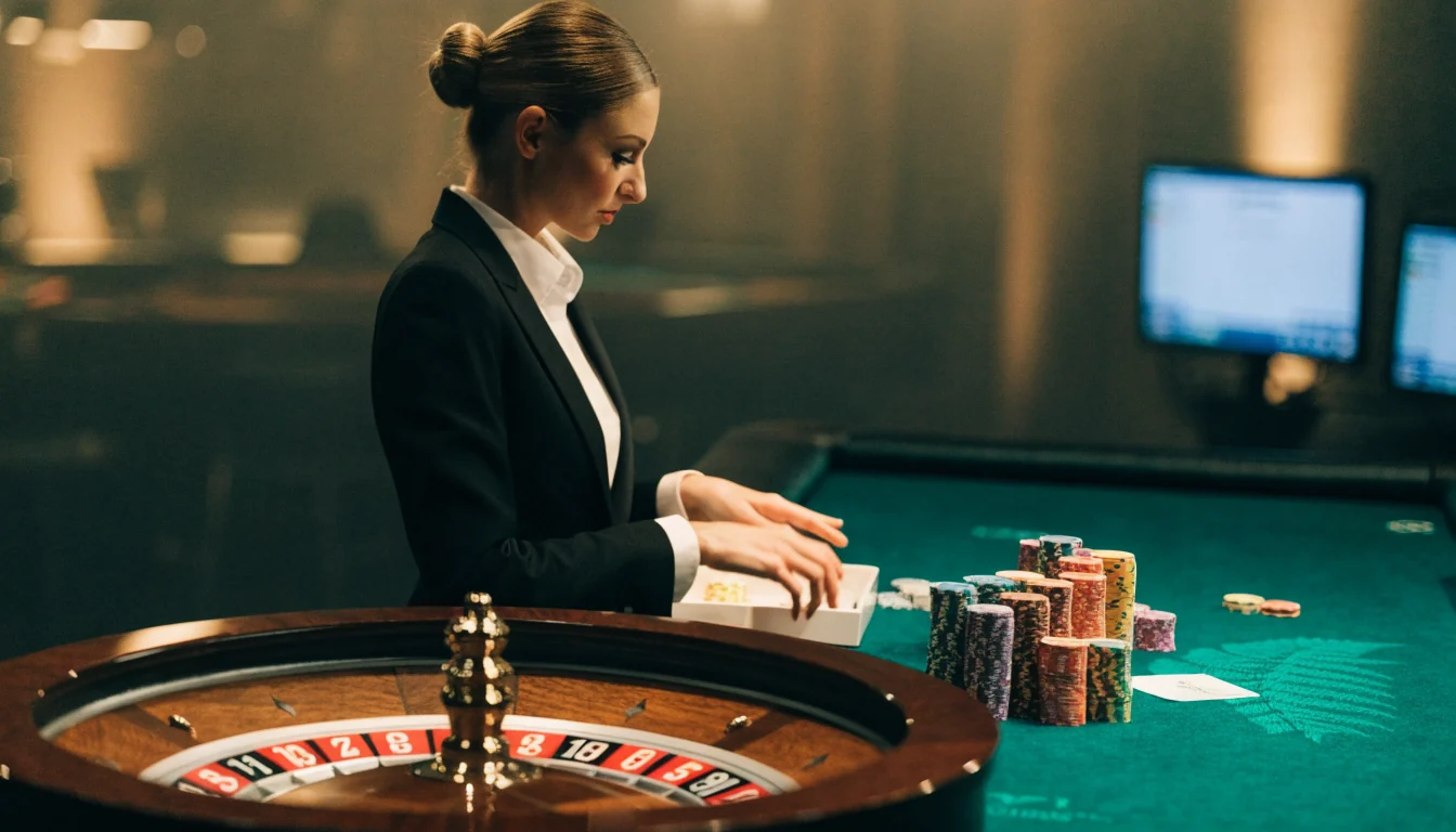 Elegant live dealer roulette studio with croupier and wooden wheel in New Zealand online casino setting.