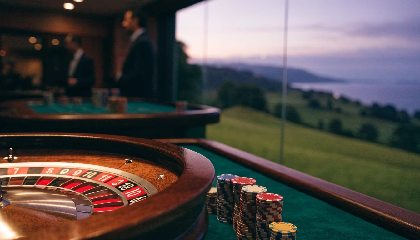 Elegant live roulette table with chips, New Zealand landscape visible through window