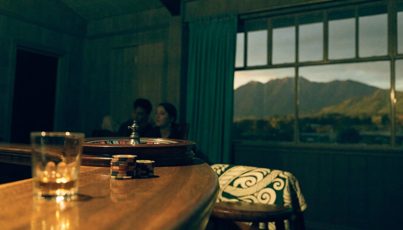 Cozy New Zealand gaming lounge with chips, roulette and Southern Alps view