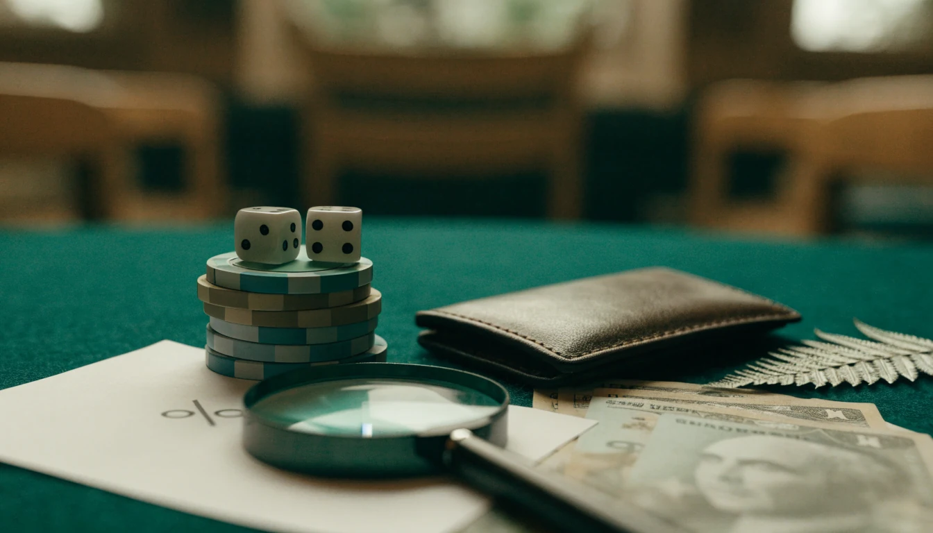 Casino chips, dice, magnifier and NZ dollars on felt