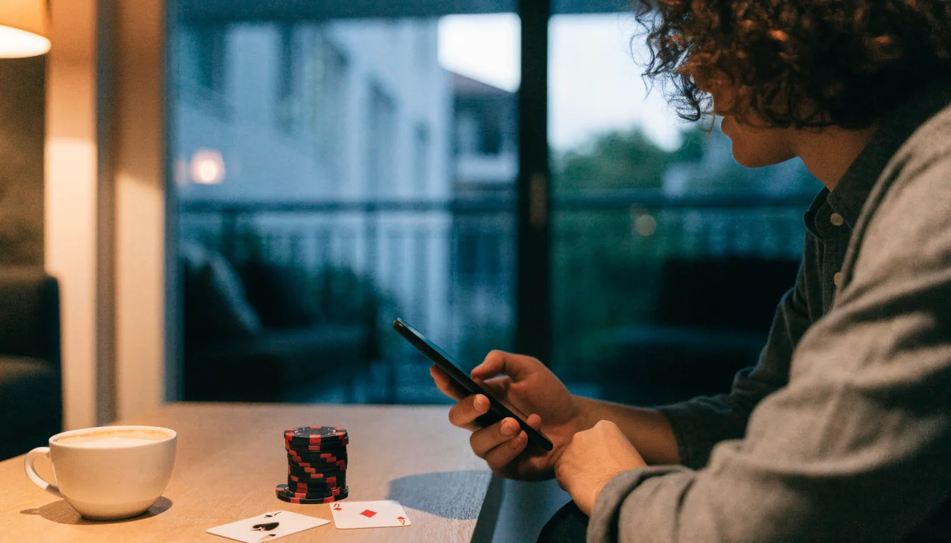 Person holding smartphone near casino chips and cards in modern New Zealand apartment