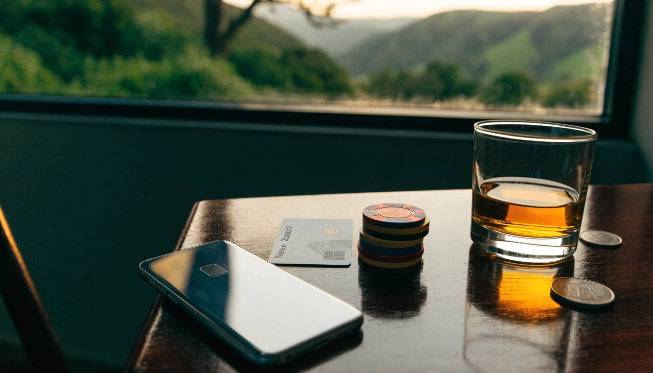 Casino chips, bank card, smartphone, and coins on a table with New Zealand hills in the background.
