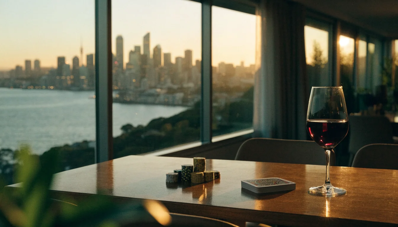 Casino chips and cards on a table with Auckland harbour view at sunset