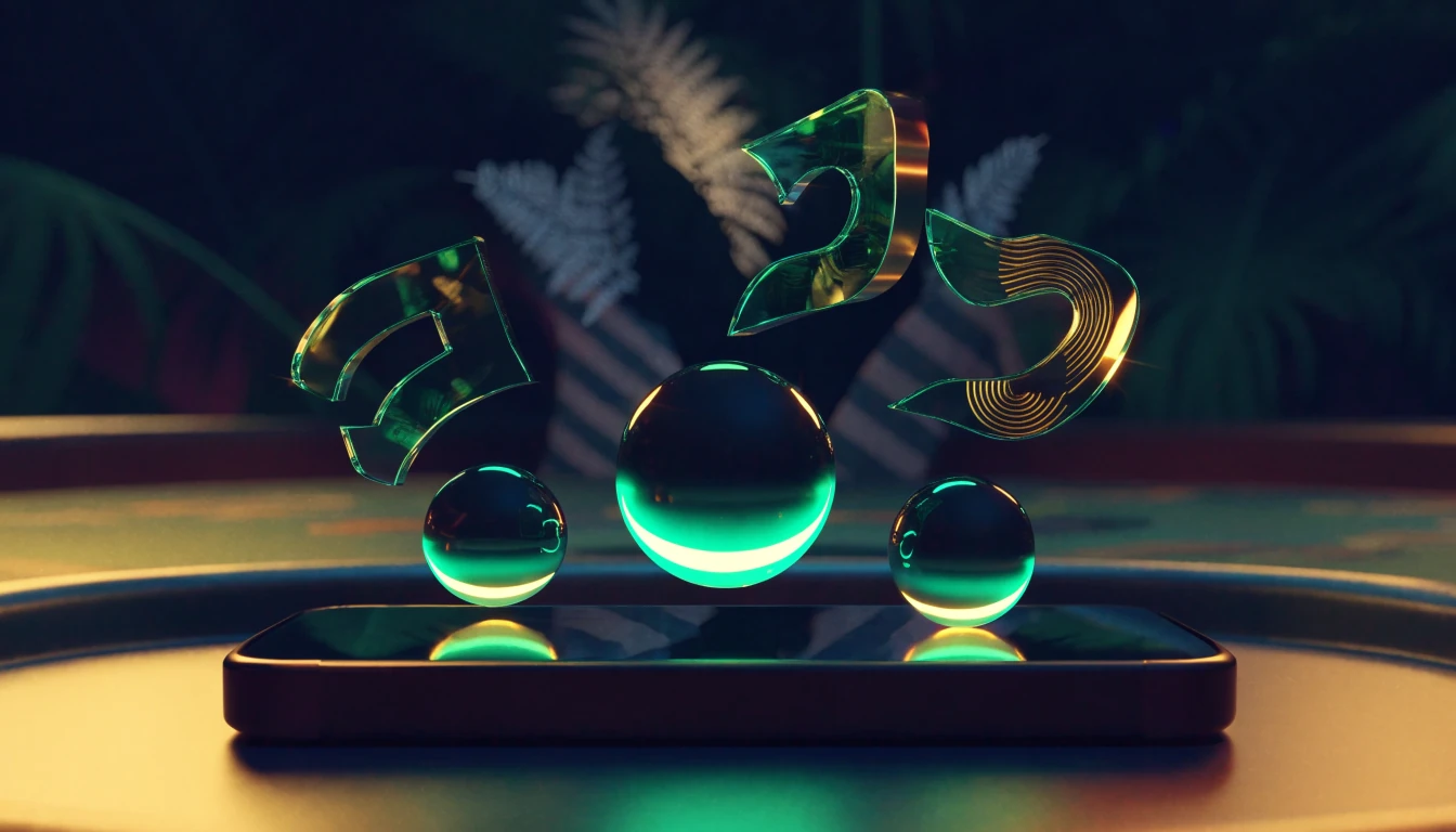 Neon slot symbols above a smartphone with New Zealand fern accents
