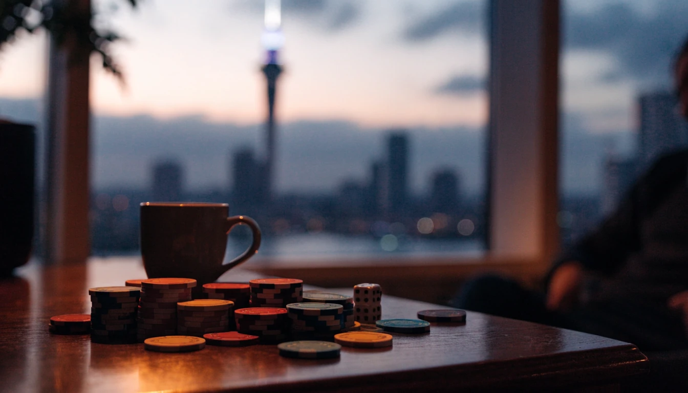 Poker chips and dice on a table with Auckland skyline view at dusk