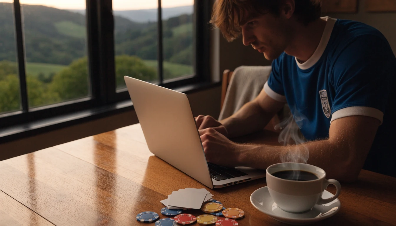 New Zealand player relaxing with poker chips beside a closed laptop