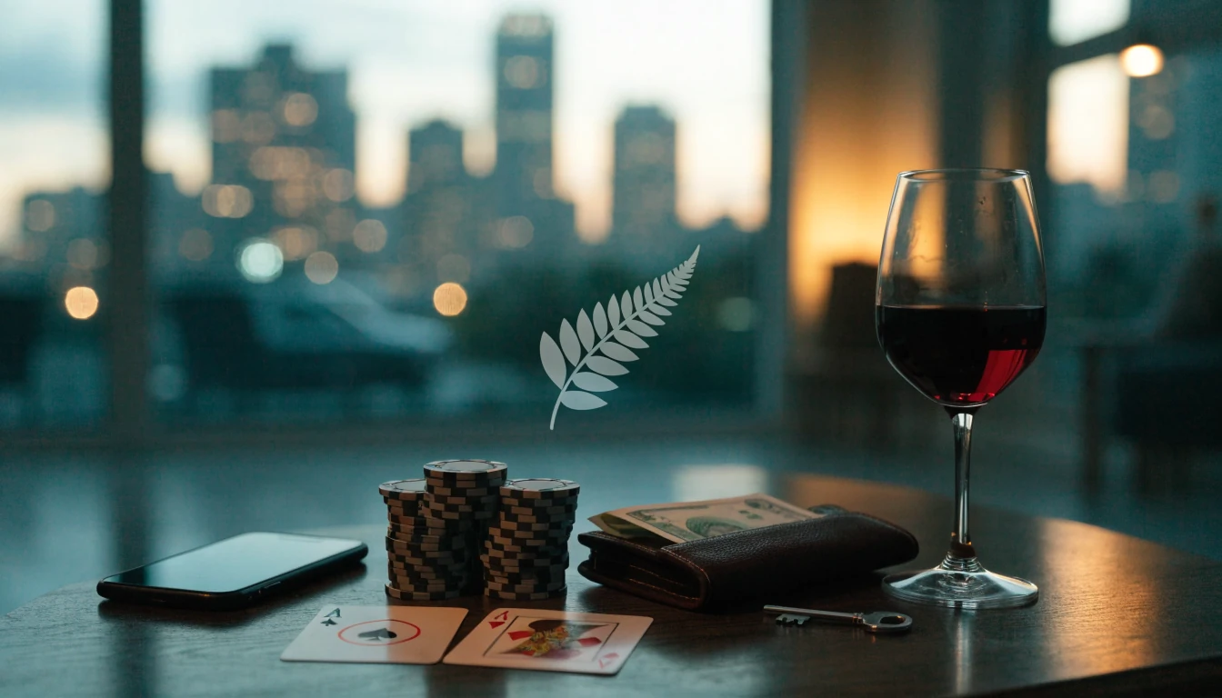 New Zealand home scene with smartphone, casino chips and playing cards