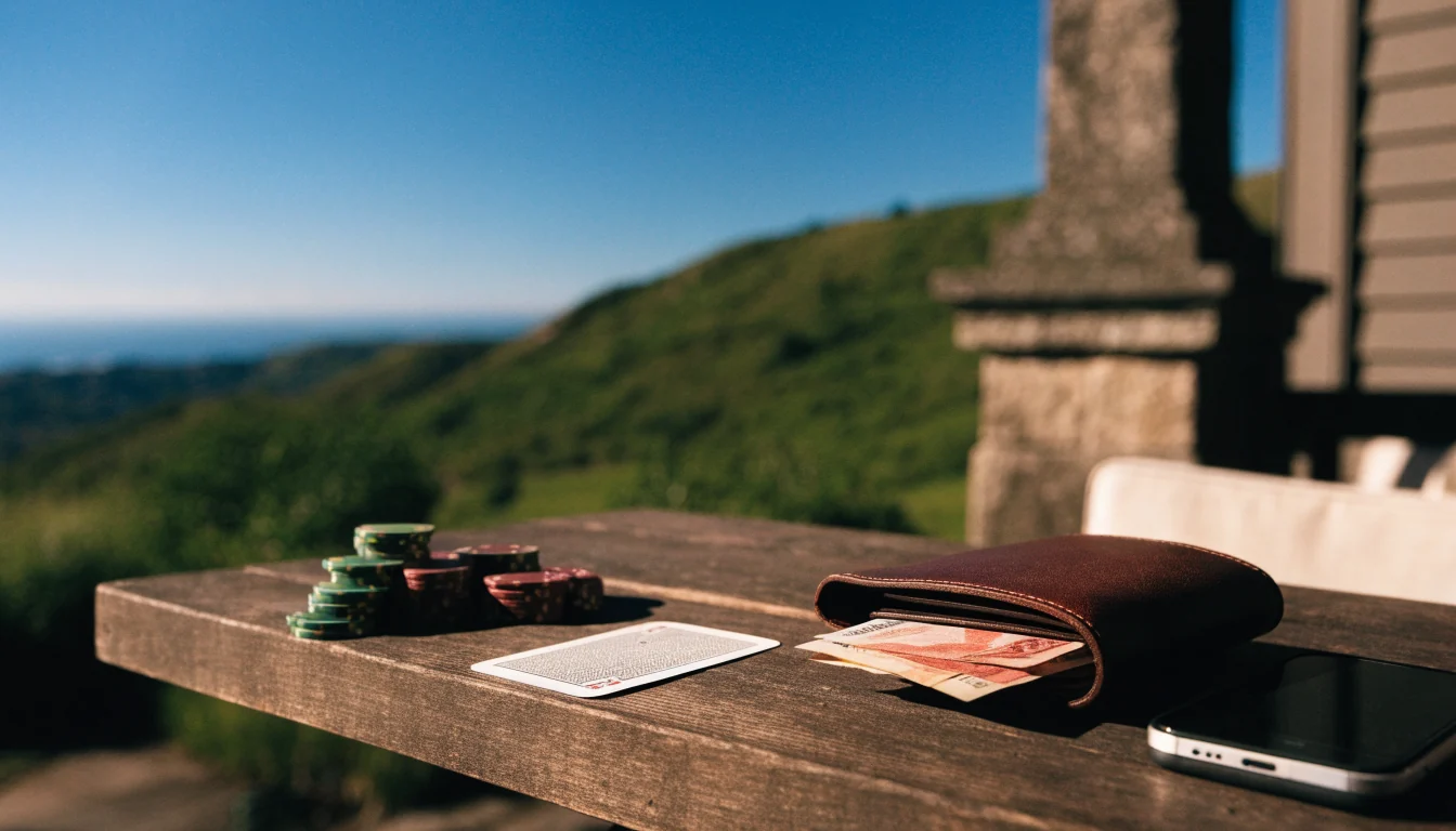 Casino chips, a face-down card, and NZ dollars on a terrace table in New Zealand