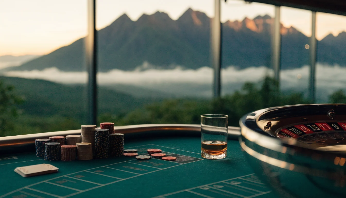 Baccarat table with chips and cards overlooking New Zealand mountains