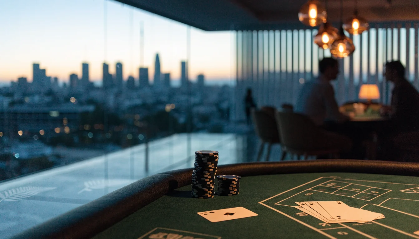 Modern blackjack table with chips and cards in a New Zealand lounge overlooking Auckland at dusk