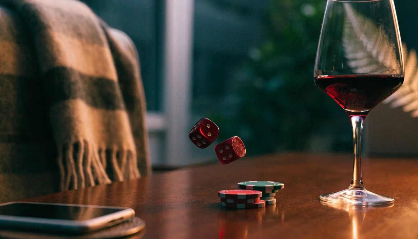 Casino dice and chips on a wooden table with a face-down phone in New Zealand home setting.