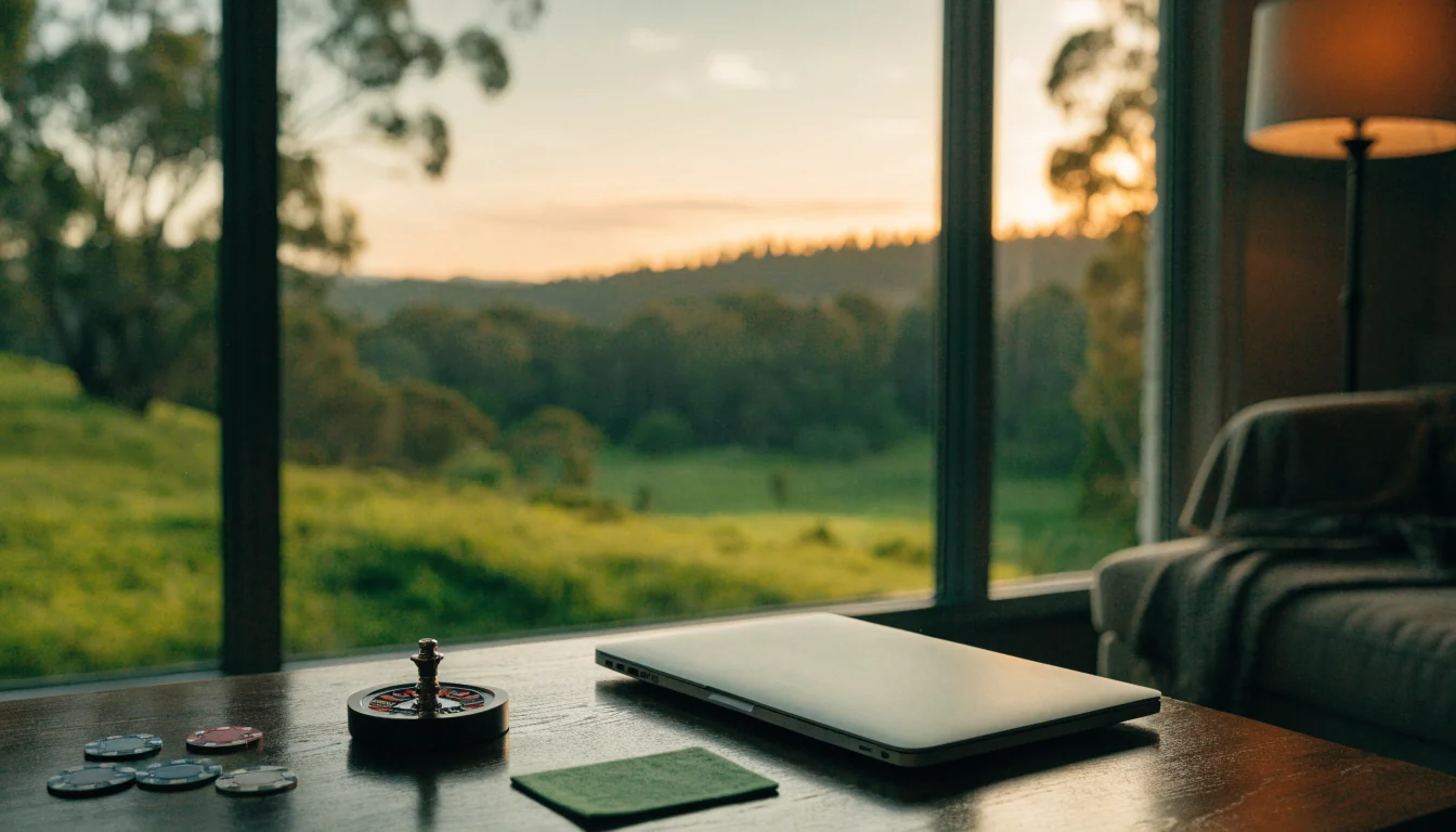 Laptop with casino chips and roulette beside it in a New Zealand home interior
