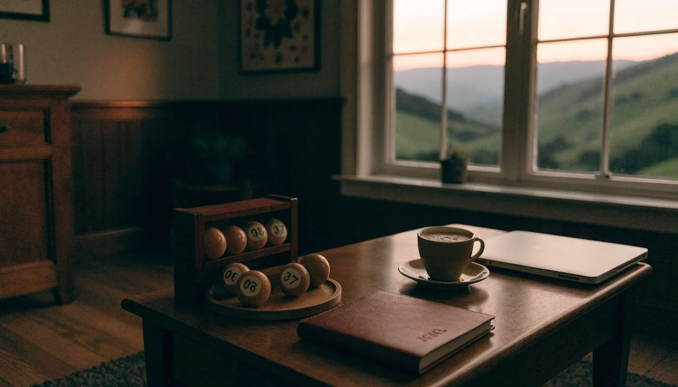 Keno balls on a wooden rack in a New Zealand home lounge