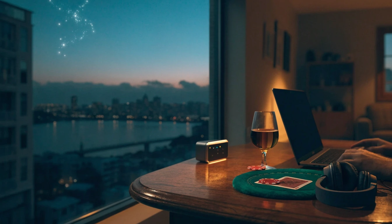 Cozy New Zealand home interior at dusk with closed laptop, poker chips, and playing cards on a desk.
