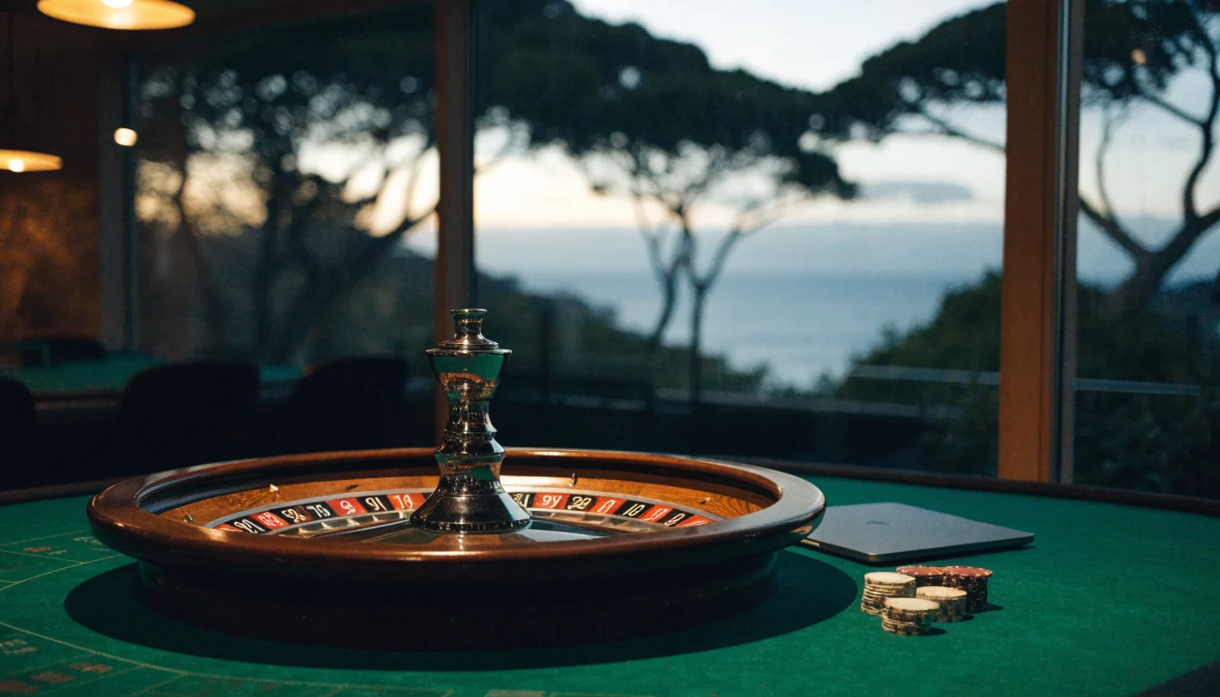 Roulette wheel on green felt table with laptop and casino chips, New Zealand twilight coastal view