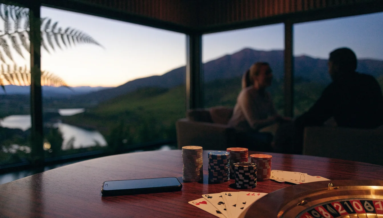 Casino chips and playing cards on a table in a modern New Zealand home at dusk