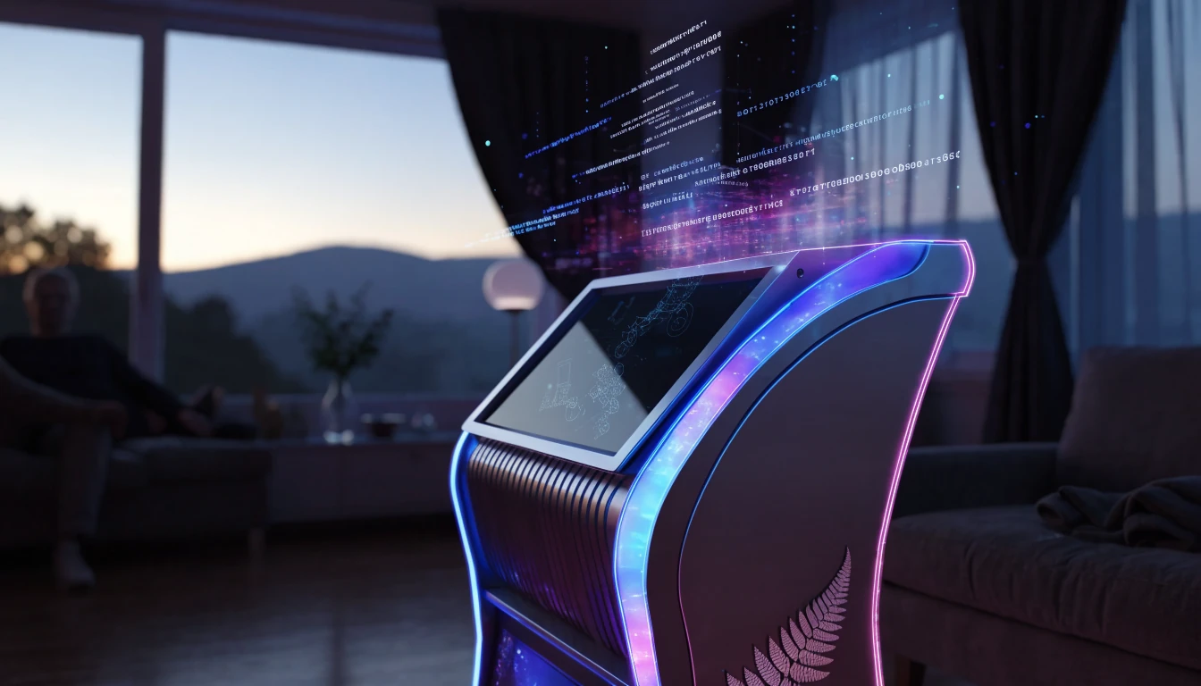 Stylized slot machine in a New Zealand lounge with hidden screen and floating code symbolizing random outcome generation.