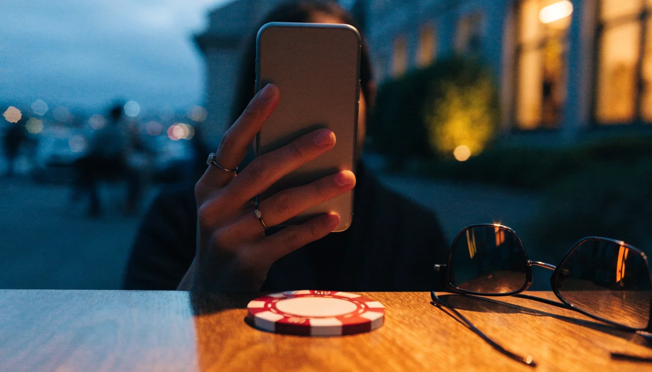 Hand holding a smartphone near a casino chip on a table in New Zealand.