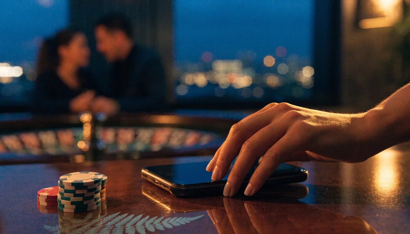 Hand holding a smartphone near casino chips with a roulette wheel in the background, New Zealand setting.