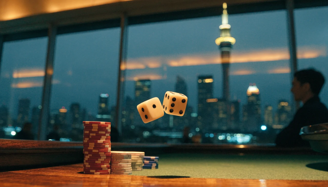 Craps table with rolling dice in a modern New Zealand casino at night
