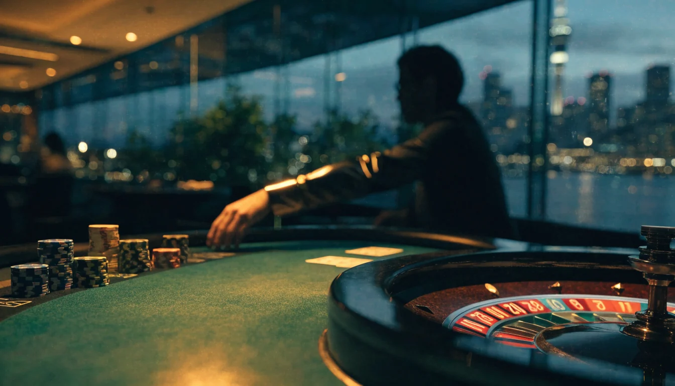 Casino table with chips and roulette wheel overlooking Auckland Sky Tower at night