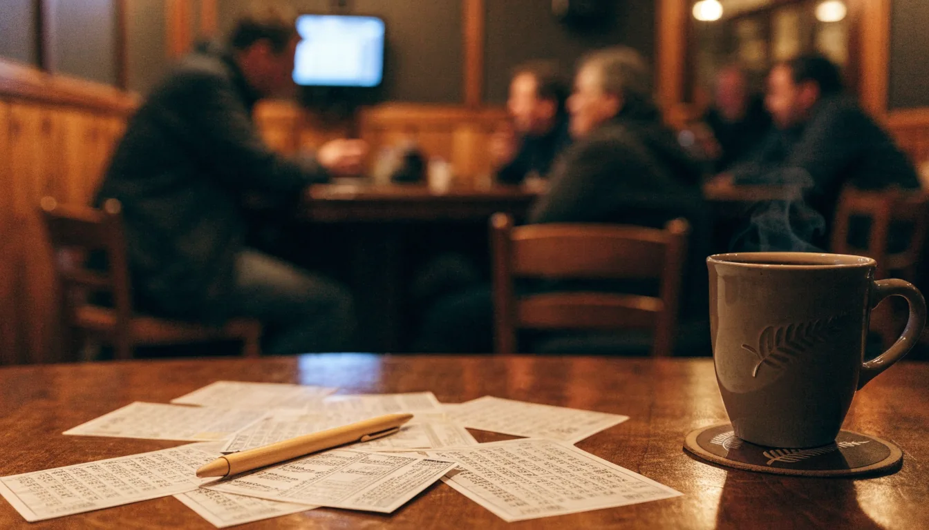 Cozy New Zealand pub with keno tickets on a wooden table