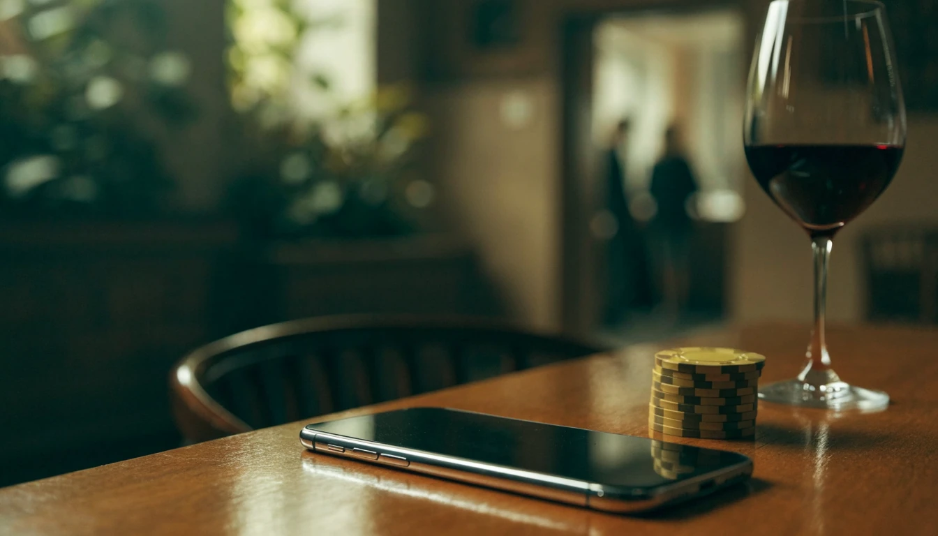 Smartphone, golden casino chips, and wine glass on a wooden table in a warm lounge setting.
