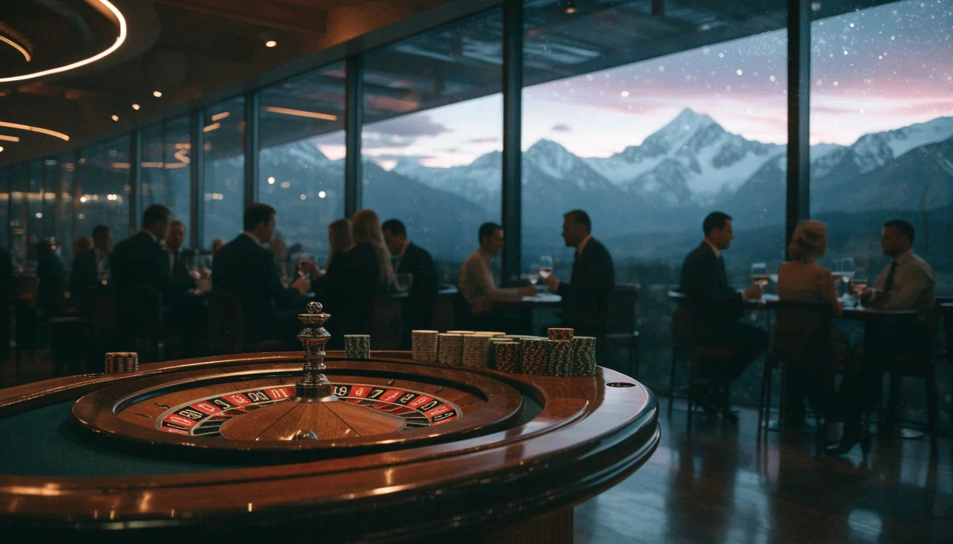 Elegant New Zealand casino lounge with roulette table and mountain view