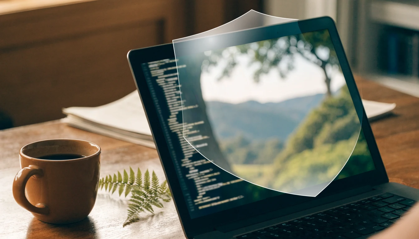 New Zealand desk scene with laptop shielded by a privacy overlay