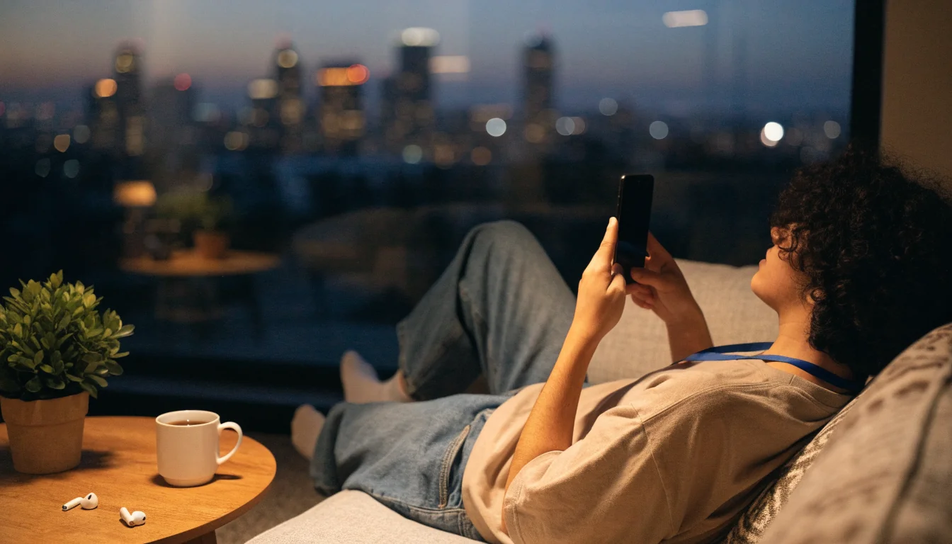Person relaxing with smartphone in modern New Zealand home at dusk