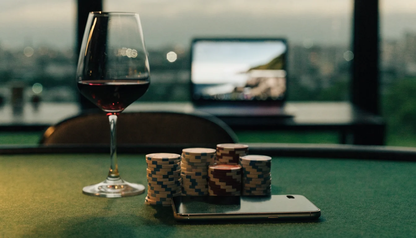 Casino chips, smartphone and wine glass on felt table with Auckland skyline.