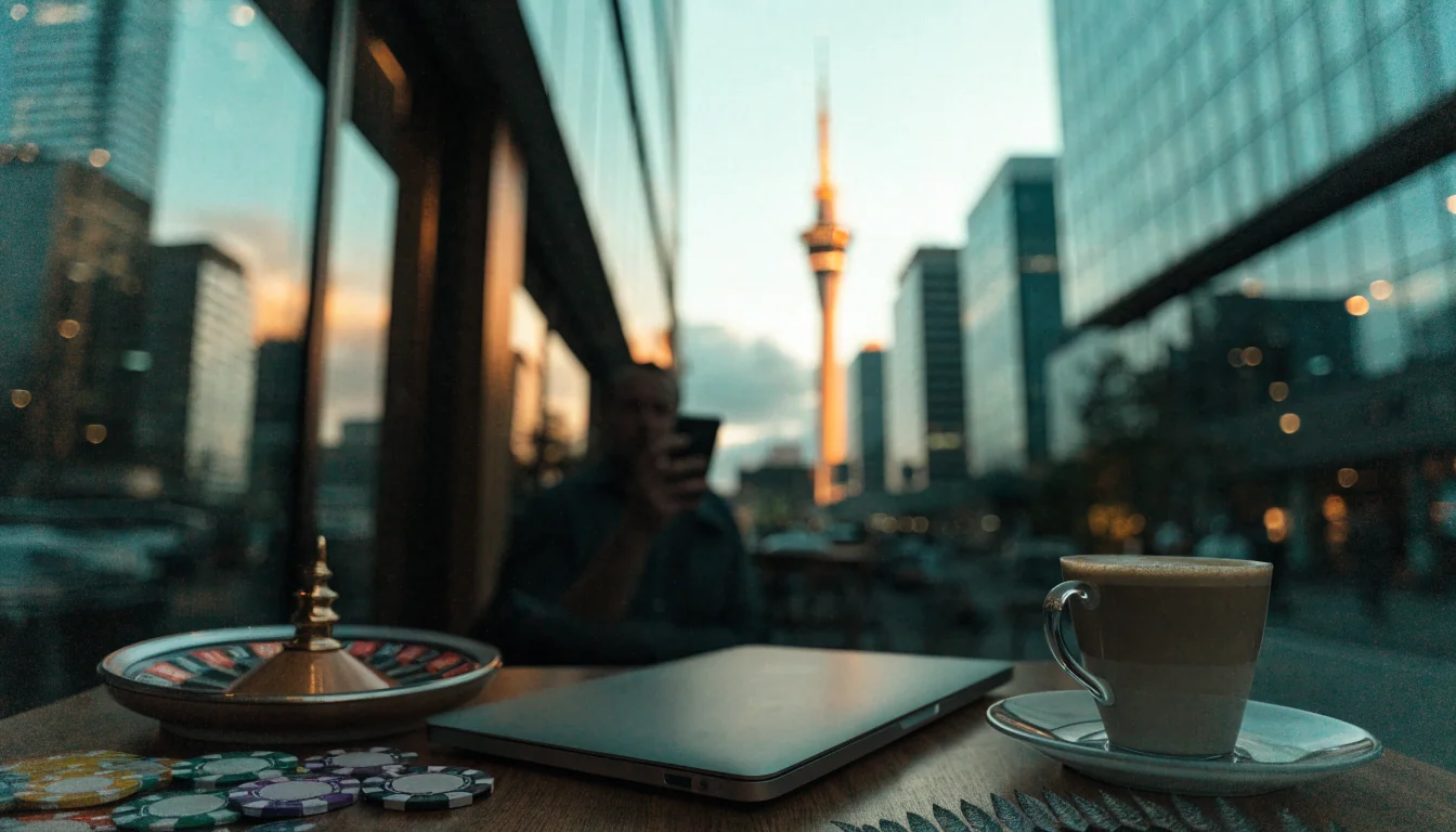 Auckland skyline at dusk with casino chips and roulette on a café table