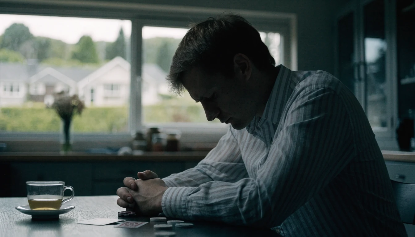Solitary man at a kitchen table with poker chips, conveying gambling harm concerns