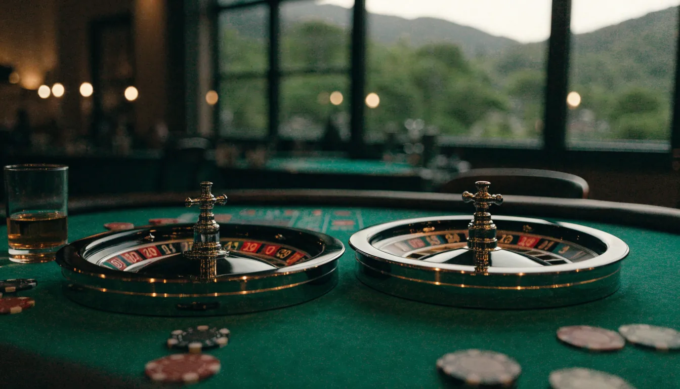 Two roulette wheels compared on a casino table, European and American formats