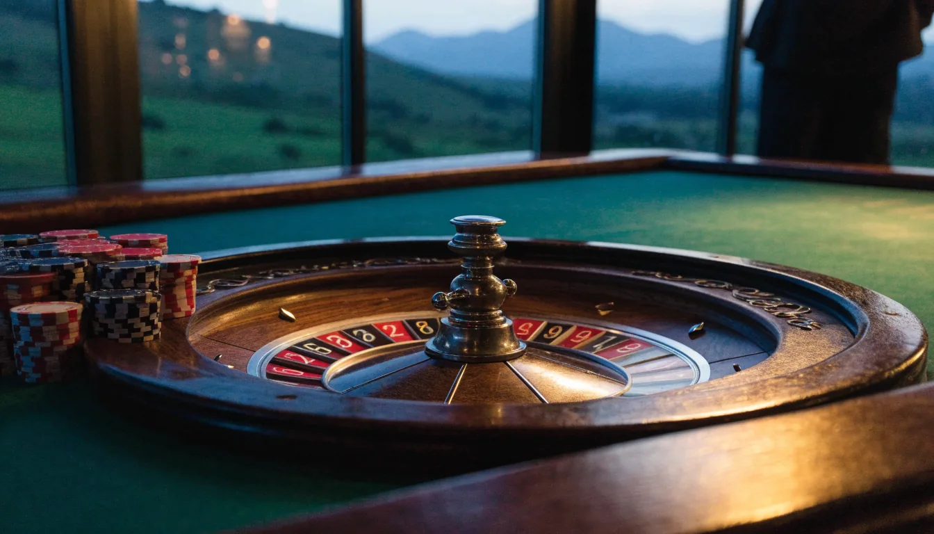 Roulette wheel with chips on a casino table, New Zealand hills in background