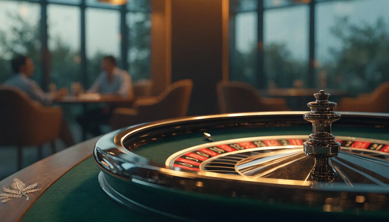 Glowing roulette wheel on a green casino table with a subtle New Zealand fern motif