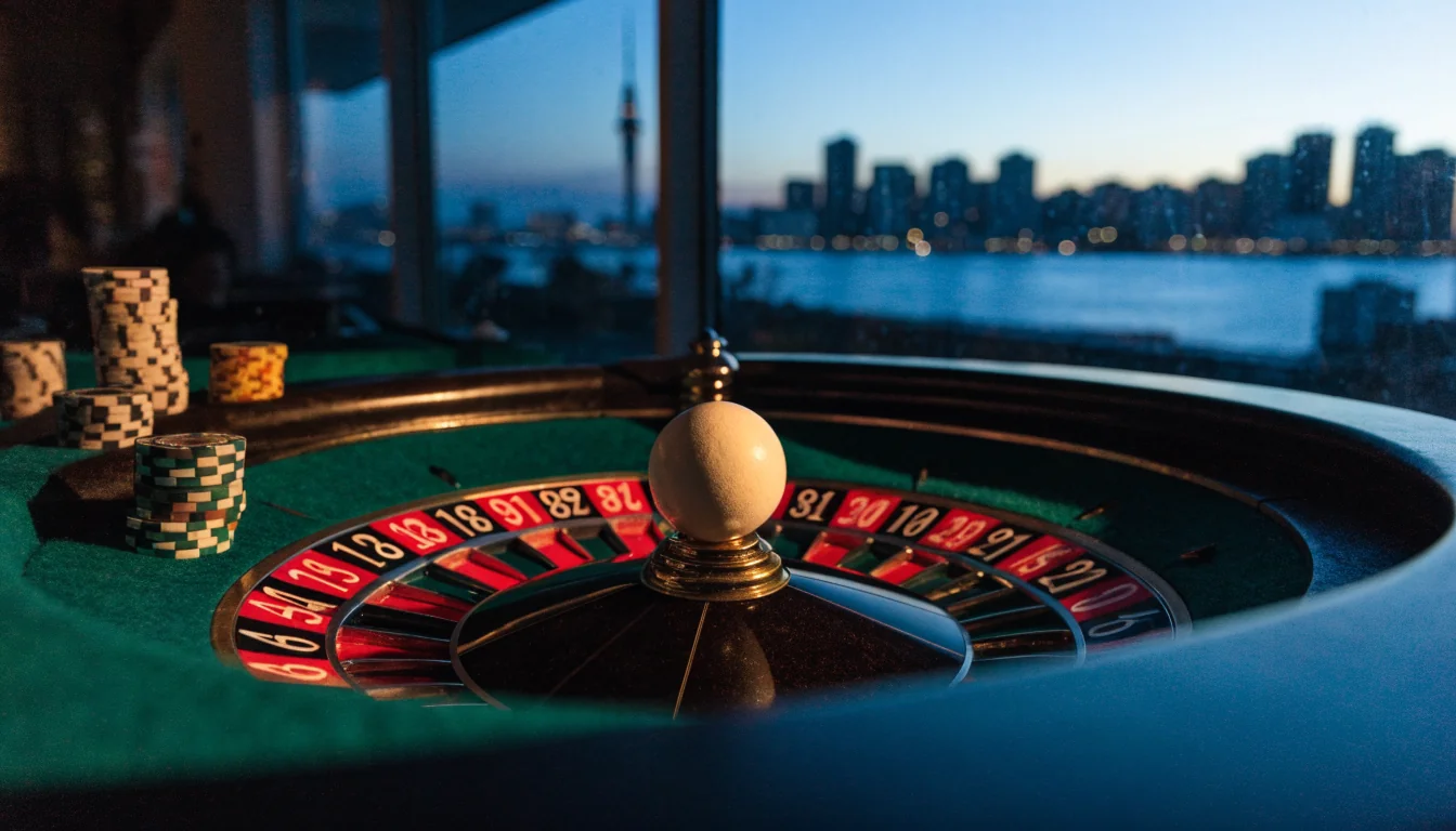 Roulette wheel with chips on a green table, Auckland skyline at dusk behind.