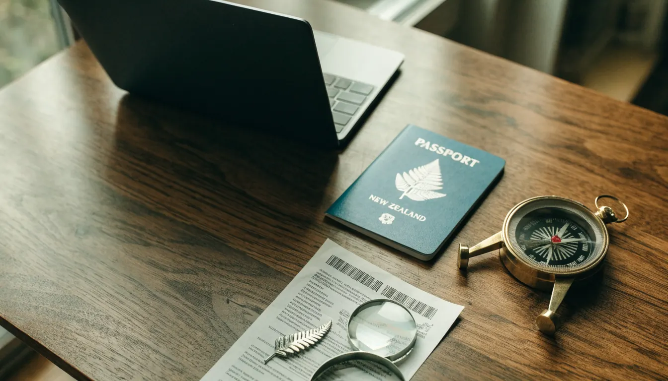 Documents, magnifying glass and a New Zealand passport on a desk, suggesting licence verification.