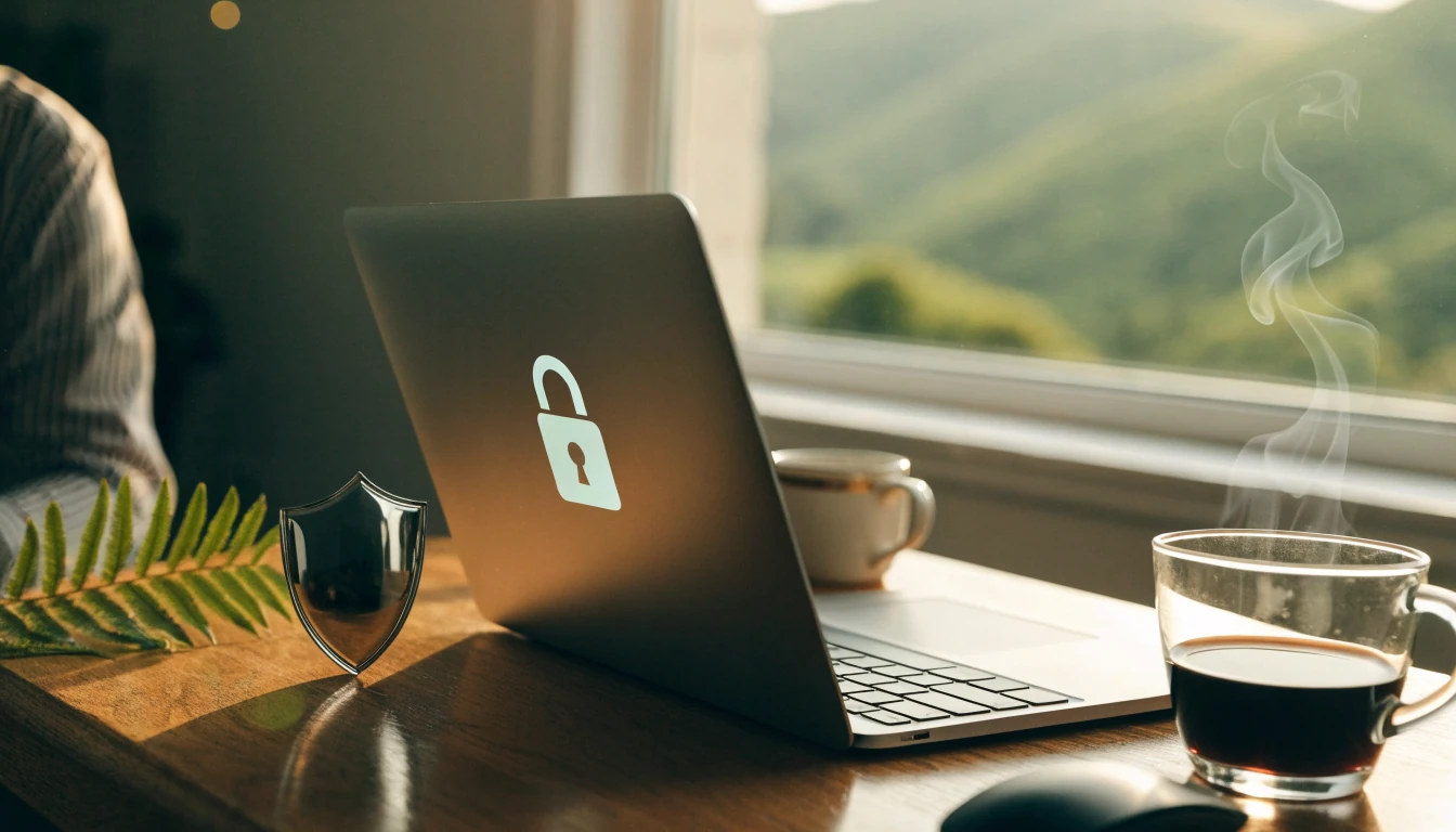 Closed laptop with padlock on desk in New Zealand home, symbolizing online casino security